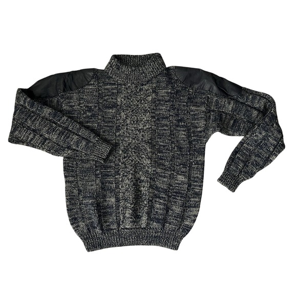 Ice Other - ICE Mens Cosby Style Blue Tan Knit Y2K 100% Wool Leather Accent Sweater M 80-90s